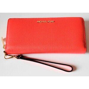 S Michael Kors Continental Wallet Wristlet Coral Orange Leather 35T7GTVE7L NWT